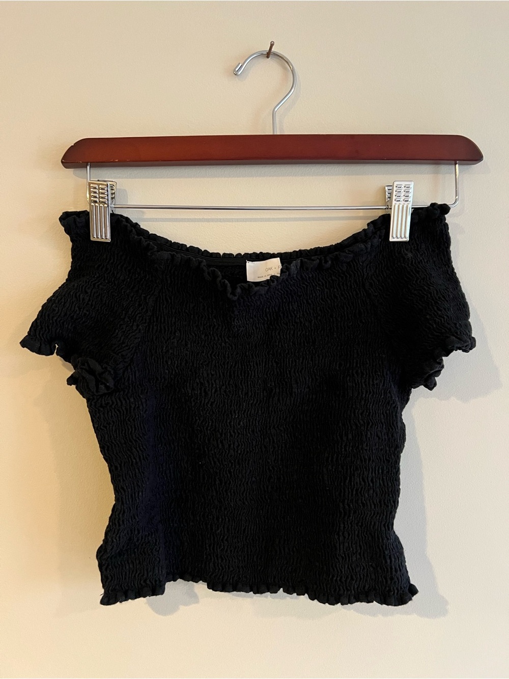OAK + FORT Black Smocked Ruffle-Trim Crop Top